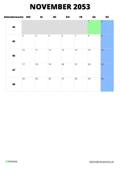 Kalender November 2053 im Hochformat