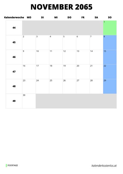 Kalender November 2065 Kalender November 2065 im Hochformat