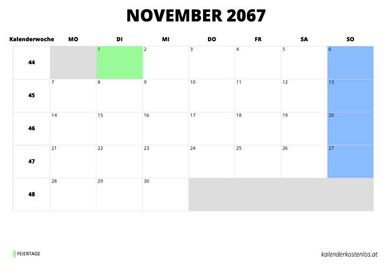 Kalender November 2067 Kalender November 2067 im Querformat