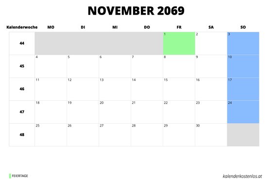 Kalender November 2069 Kalender November 2069 im Querformat