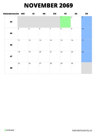 Kalender November 2069 Kalender November 2069 im Hochformat