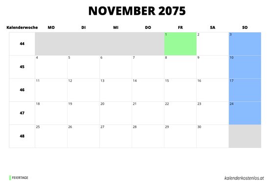Kalender November 2075 Kalender November 2075 im Querformat