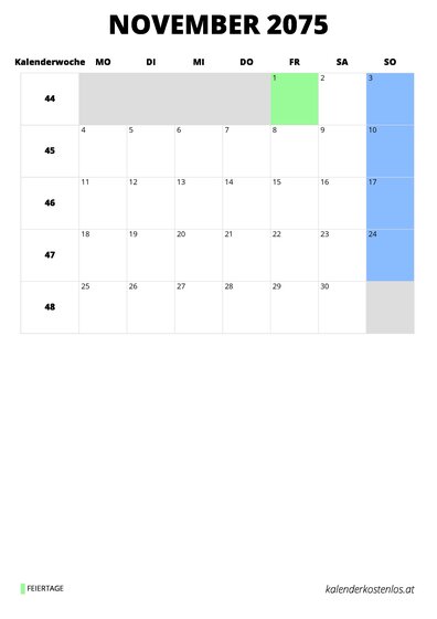 Kalender November 2075 Kalender November 2075 im Hochformat