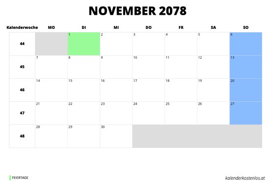 Kalender November 2078 Kalender November 2078 im Querformat