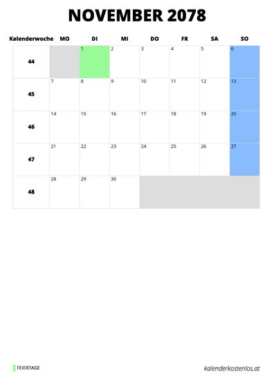 Kalender November 2078 Kalender November 2078 im Hochformat