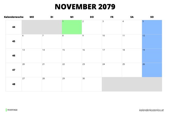Kalender November 2079 Kalender November 2079 im Querformat
