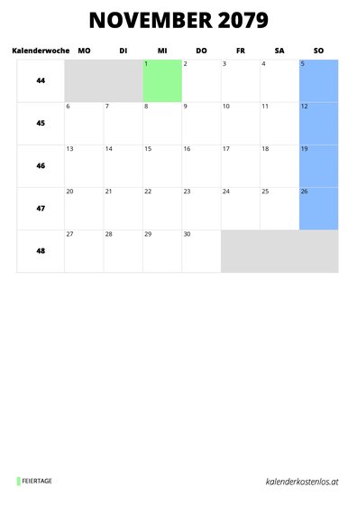Kalender November 2079 Kalender November 2079 im Hochformat