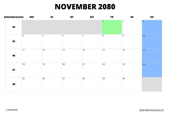 Kalender November 2080 Kalender November 2080 im Querformat