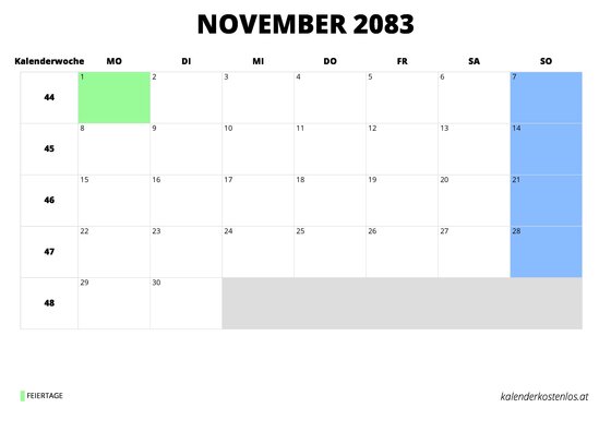 Kalender November 2083 Kalender November 2083 im Querformat