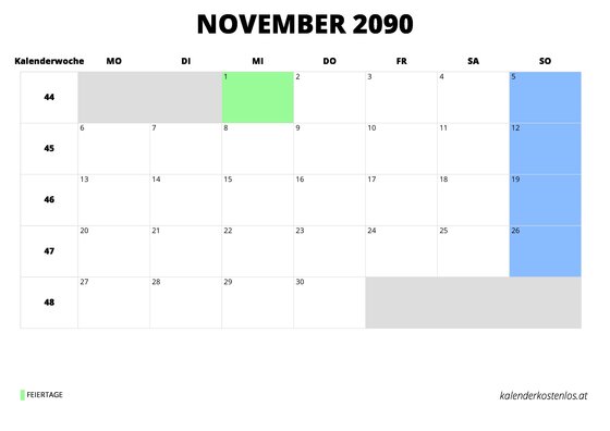 Kalender November 2090 Kalender November 2090 im Querformat