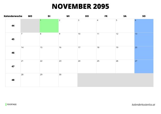 Kalender November 2095 Kalender November 2095 im Querformat