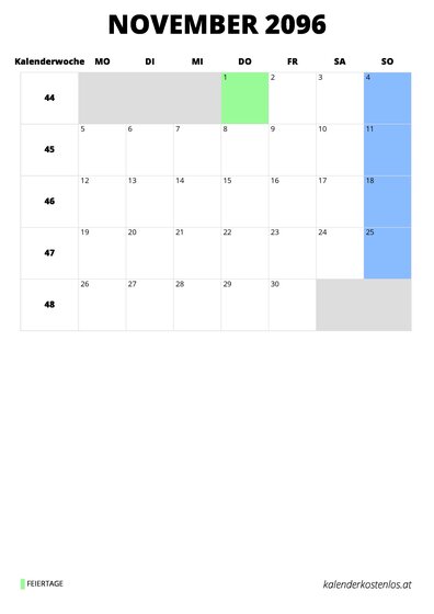 Kalender November 2096 Kalender November 2096 im Hochformat