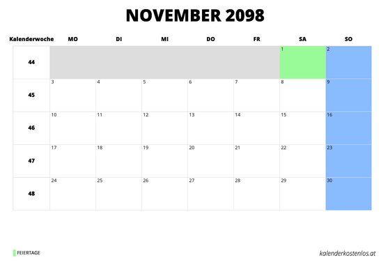 Kalender November 2098 im Querformat