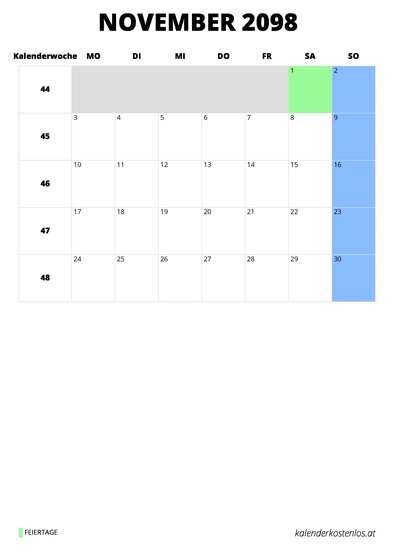 Kalender November 2098 im Hochformat