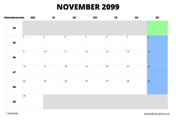 Kalender November 2099 Kalender November 2099 im Querformat