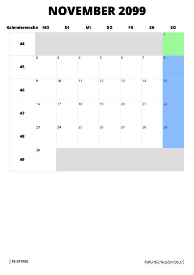 Kalender November 2099 Kalender November 2099 im Hochformat
