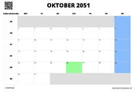 Kalender Oktober 2051 im Querformat