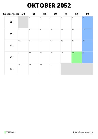 Kalender Oktober 2052 im Hochformat