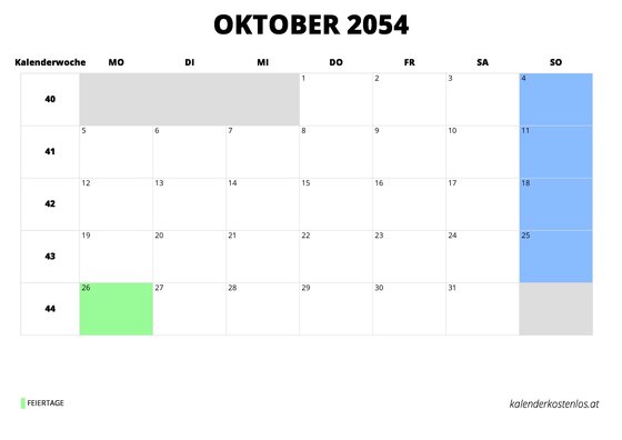 Kalender Oktober 2054 im Querformat