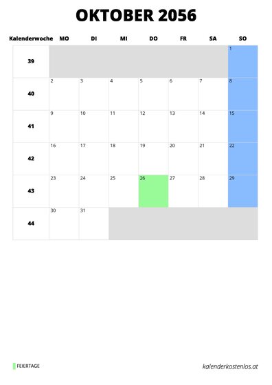 Kalender Oktober 2056 Kalender Oktober 2056 im Hochformat