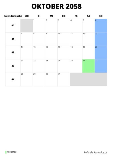 Kalender Oktober 2058 Kalender Oktober 2058 im Hochformat