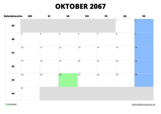 Kalender Oktober 2067 Kalender Oktober 2067 im Querformat