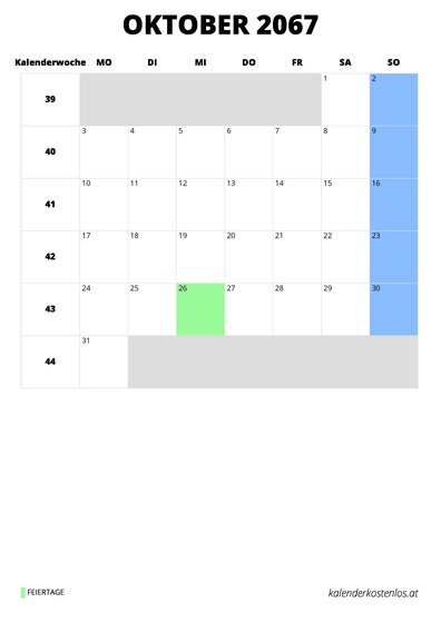 Kalender Oktober 2067 Kalender Oktober 2067 im Hochformat