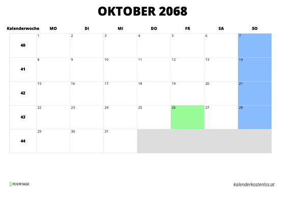 Kalender Oktober 2068 im Querformat