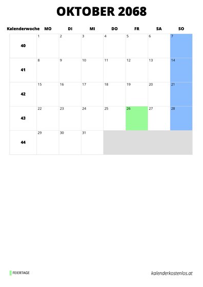 Kalender Oktober 2068 im Hochformat