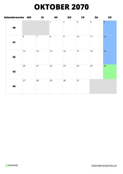 Kalender Oktober 2070 Kalender Oktober 2070 im Hochformat