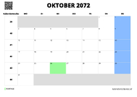 Kalender Oktober 2072 Kalender Oktober 2072 im Querformat