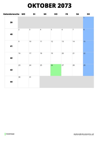 Kalender Oktober 2073 im Hochformat