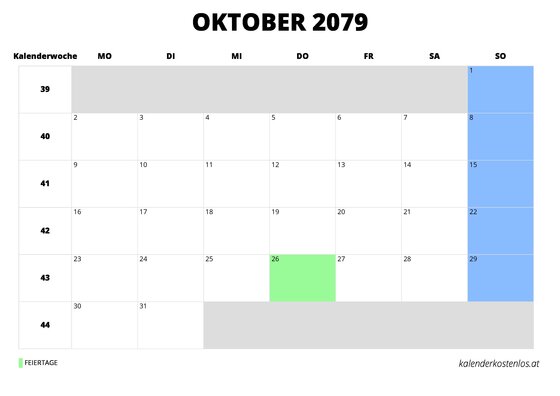 Kalender Oktober 2079 Kalender Oktober 2079 im Querformat