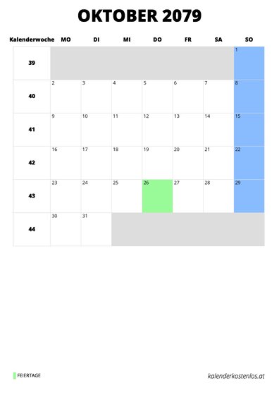 Kalender Oktober 2079 Kalender Oktober 2079 im Hochformat