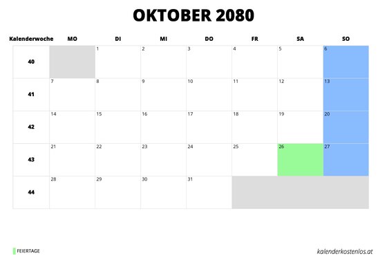 Kalender Oktober 2080 im Querformat