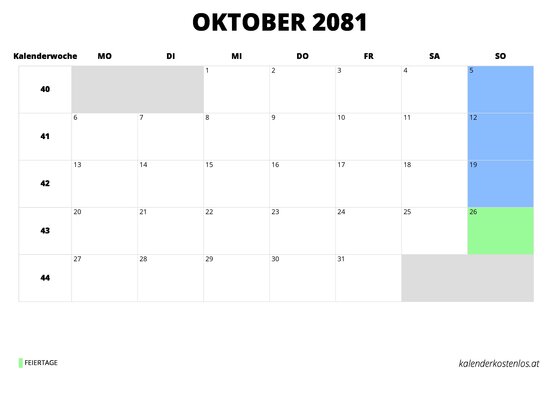 Kalender Oktober 2081 im Querformat