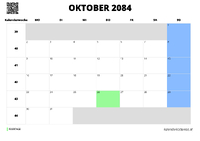 Kalender Oktober 2084 im Querformat