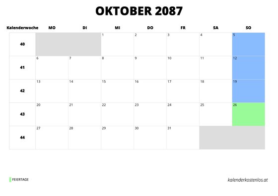 Kalender Oktober 2087 Kalender Oktober 2087 im Querformat