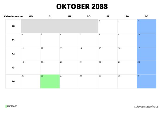 Kalender Oktober 2088 Kalender Oktober 2088 im Querformat