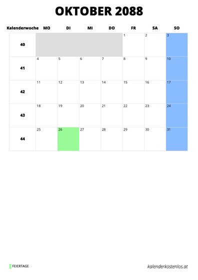 Kalender Oktober 2088 Kalender Oktober 2088 im Hochformat