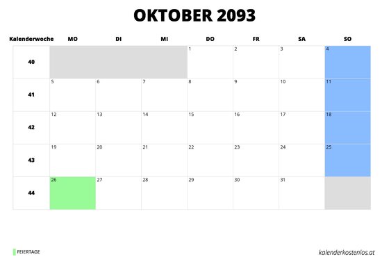Kalender Oktober 2093 Kalender Oktober 2093 im Querformat