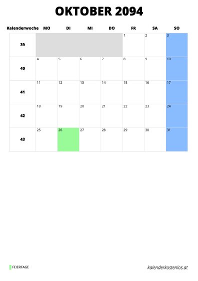 Kalender Oktober 2094 Kalender Oktober 2094 im Hochformat