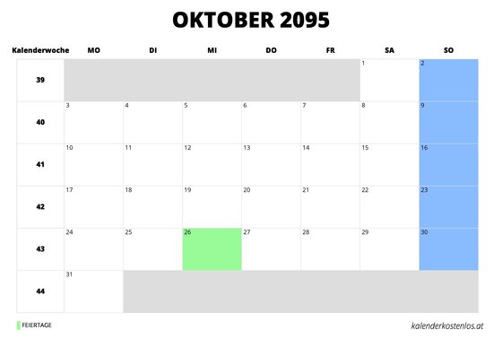 Kalender Oktober 2095 Kalender Oktober 2095 im Querformat