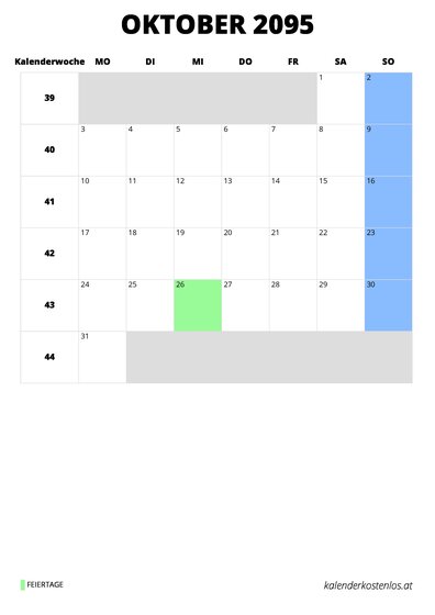 Kalender Oktober 2095 Kalender Oktober 2095 im Hochformat