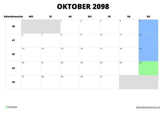 Kalender Oktober 2098 im Querformat