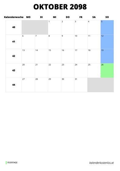 Kalender Oktober 2098 im Hochformat