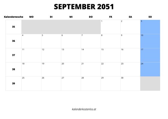 Kalender September 2051 im Querformat