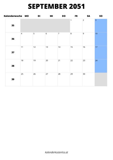 Kalender September 2051 im Hochformat