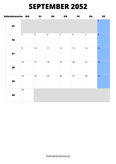 Kalender September 2052 im Hochformat