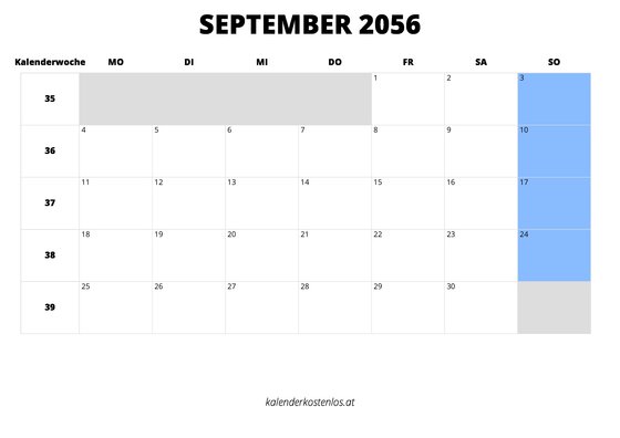 Kalender September 2056 im Querformat